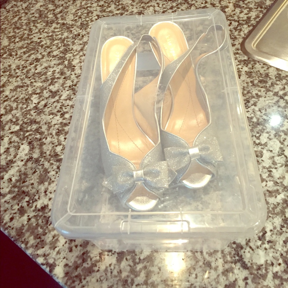 Kate Spade silver glitter platform sling backs