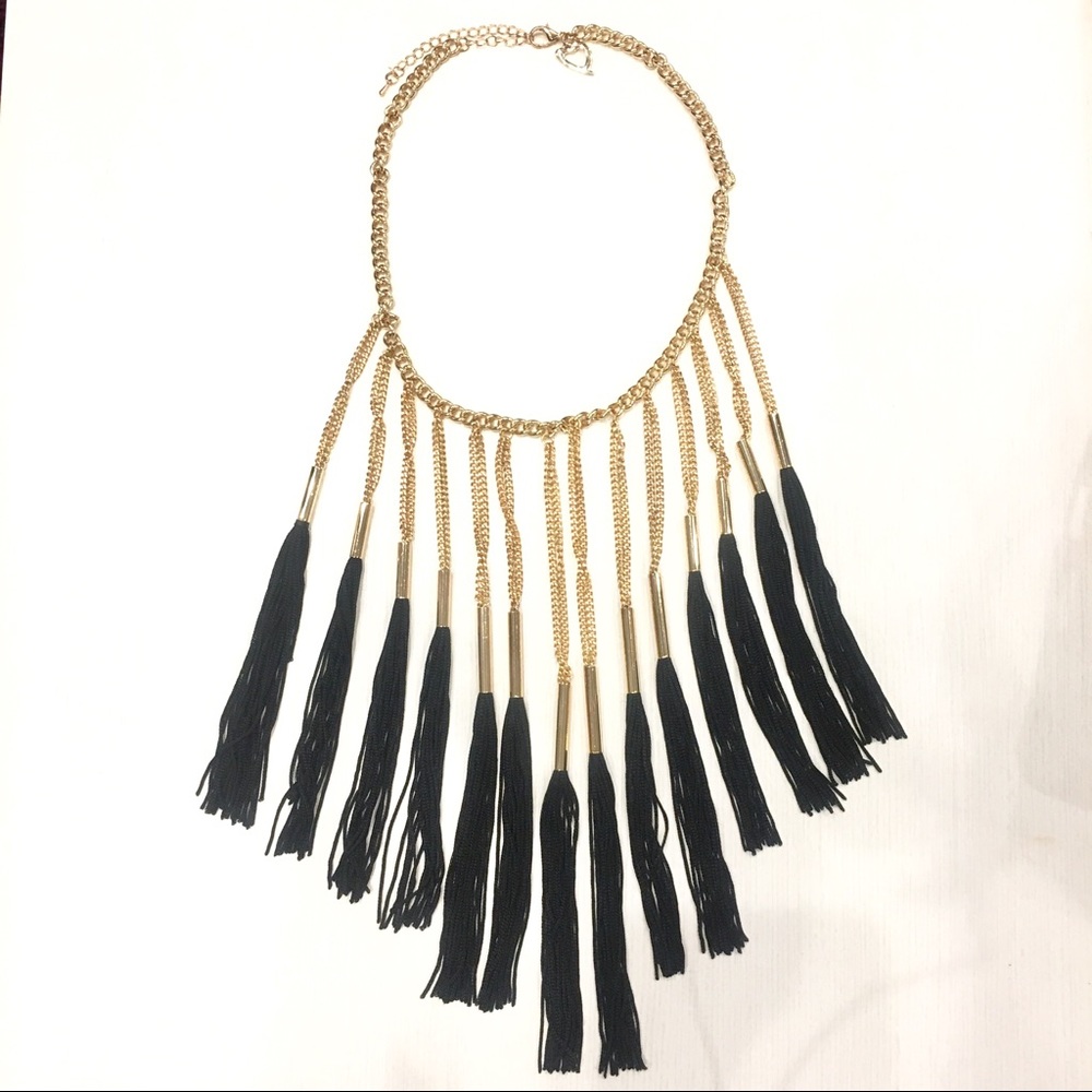 Black Fringe Necklace with Gold Chain