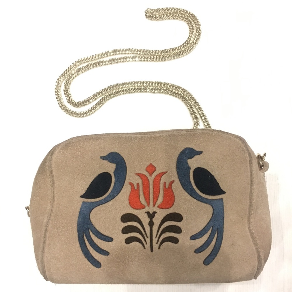 Urban Outfitter Suede Tan Cross-body with Peacock