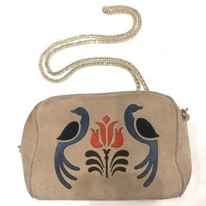 Urban Outfitter Suede Tan Cross-body with Peacock