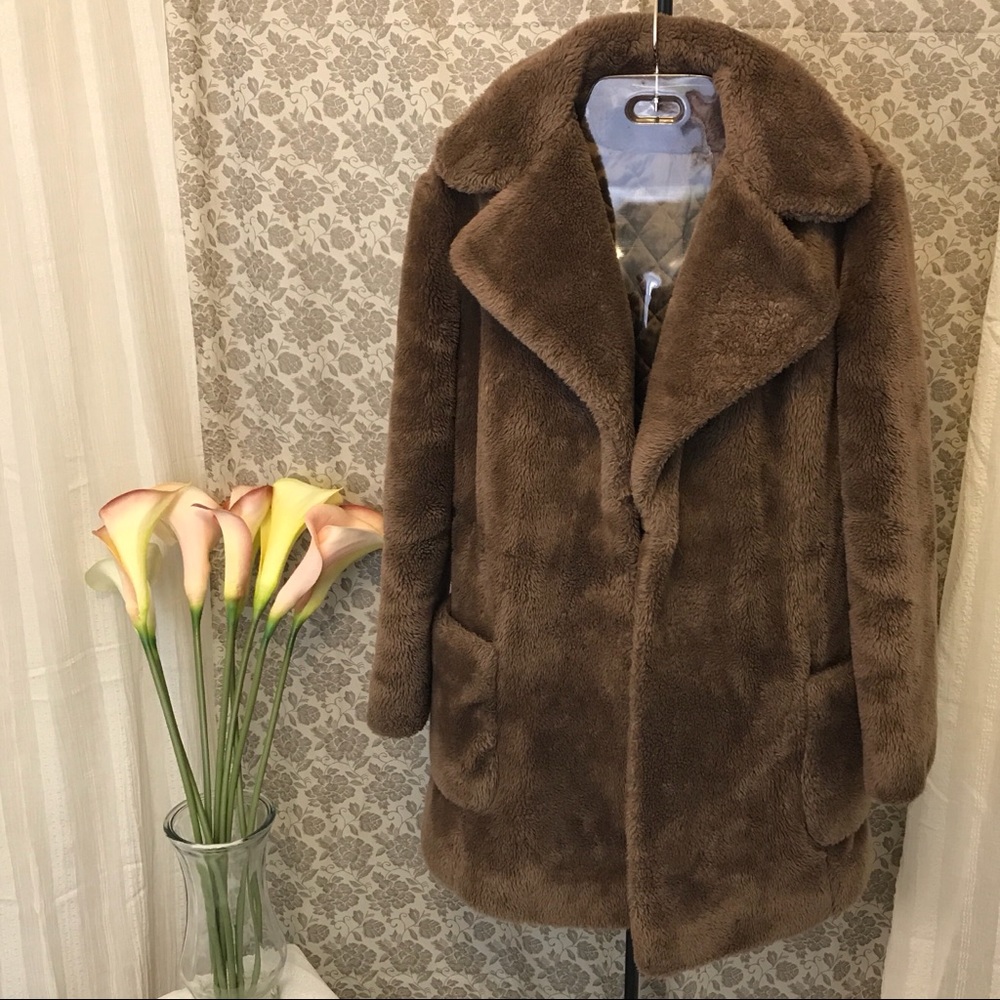 Vintage Sears Long Brown Faux Fur Open Coat