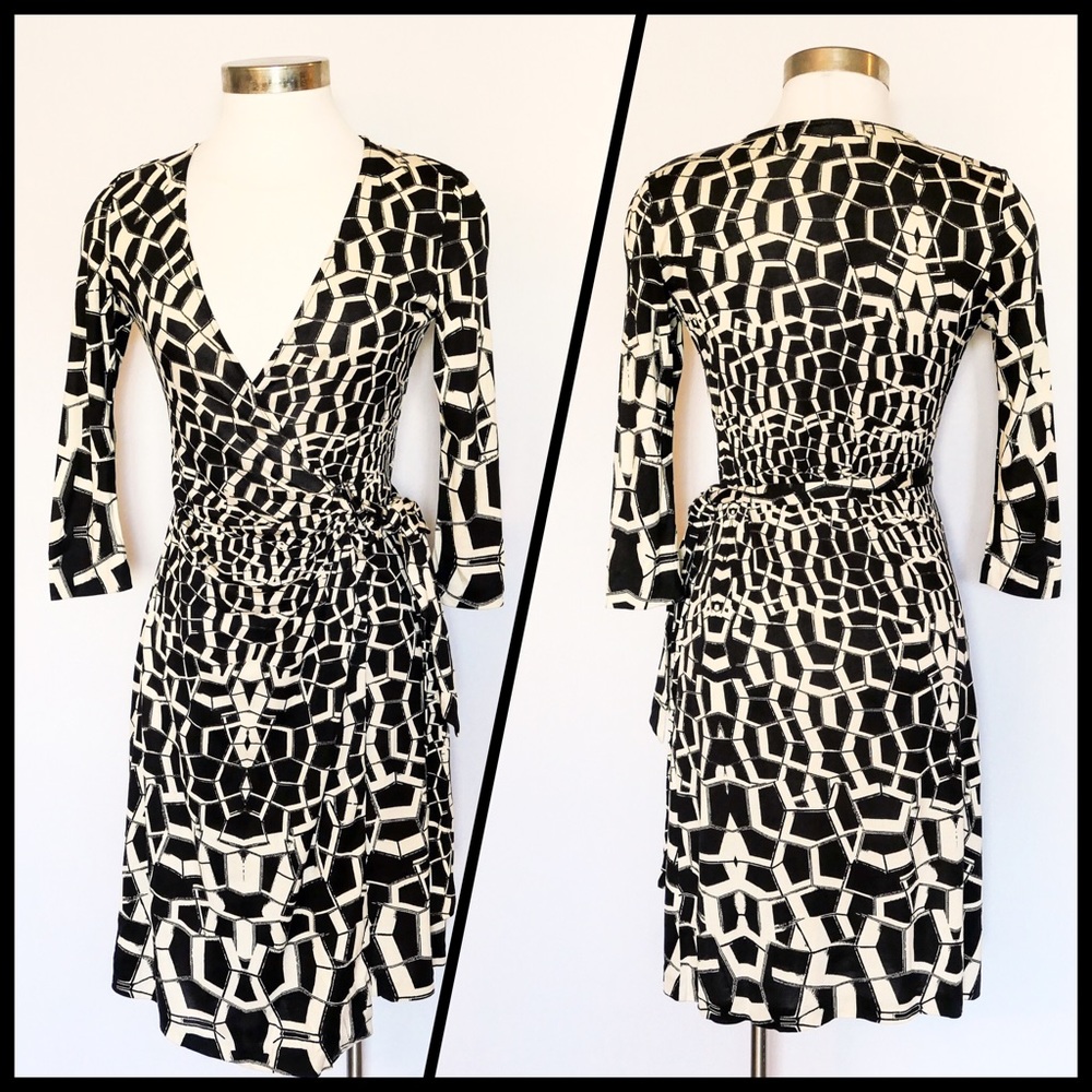 DVF Black Ivory Printed Silk Jersey Wrap Dress