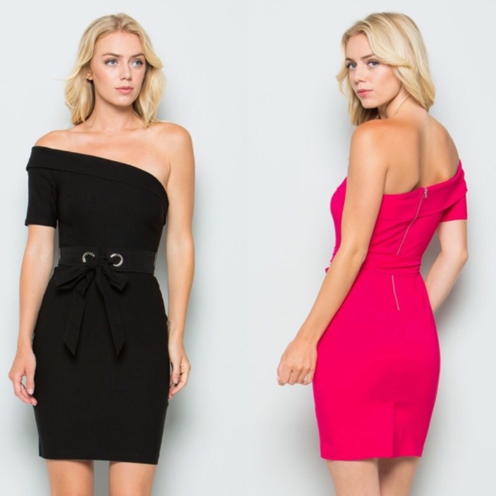 💐NWT Black One Shoulder Belted Dress - Picture 2 of 4