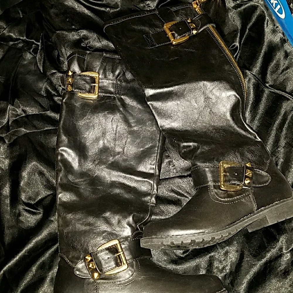 Black with Gold Buckles Knee High Boots