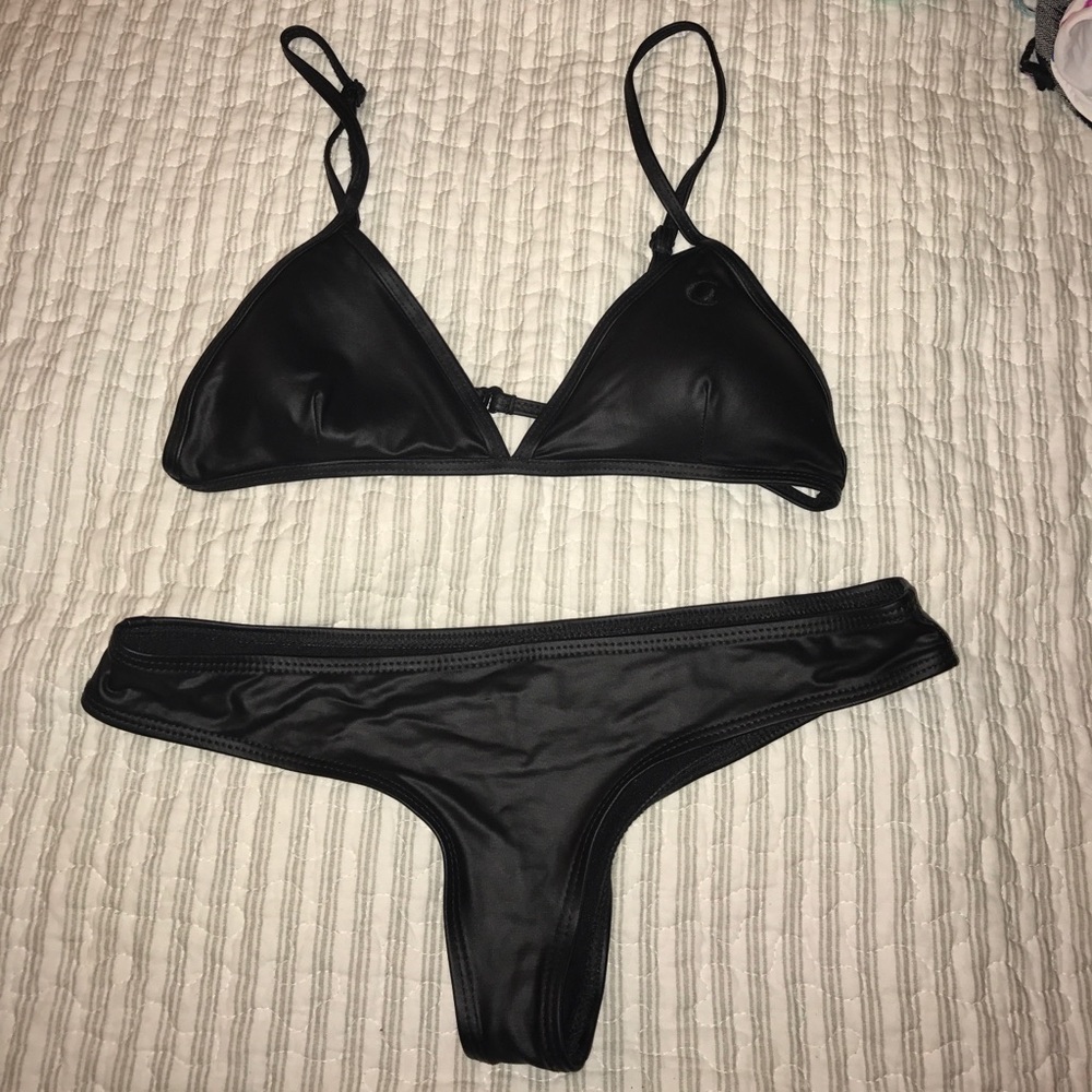 KOVEY black leather neoprene set S top M bottom