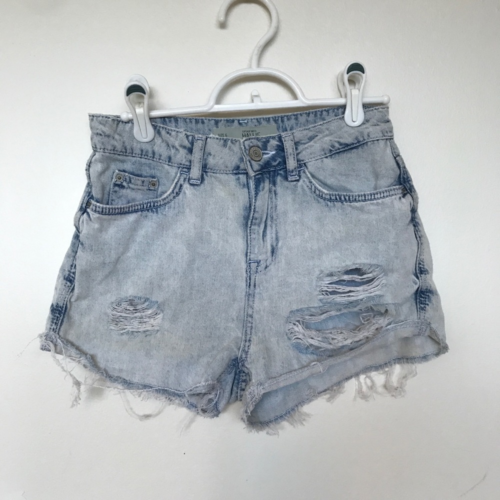 Topshop high waist distressed denim shorts