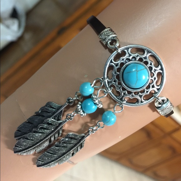 Wired Heart Jewelry - Leather Turquoise Feather Dream Catcher Bracelet