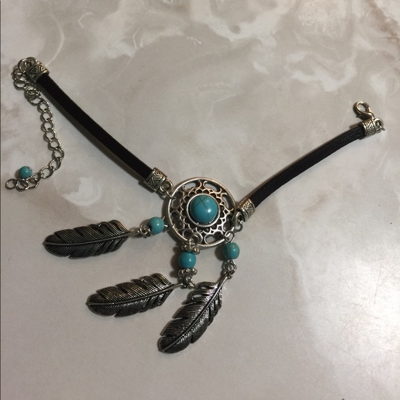 Leather Turquoise Feather Dream Catcher Bracelet - Picture 2 of 4