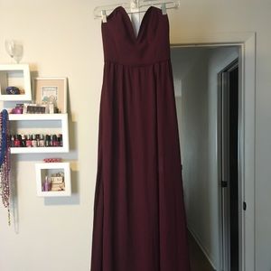 maroon plunging neckline strapless formal dress