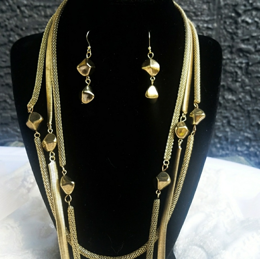 Gold Embellished Multi-strand Necklace & Earings!