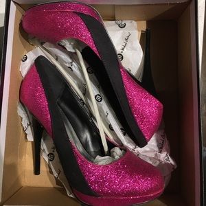Pink and black glitter platform heels