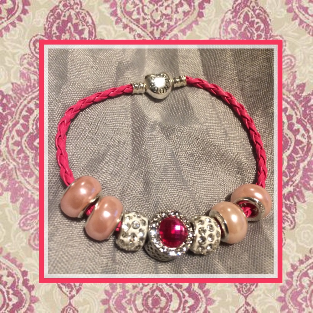 🌺 NEW 7PC PINK LEATHER BRACELET HEART CLASP GEM