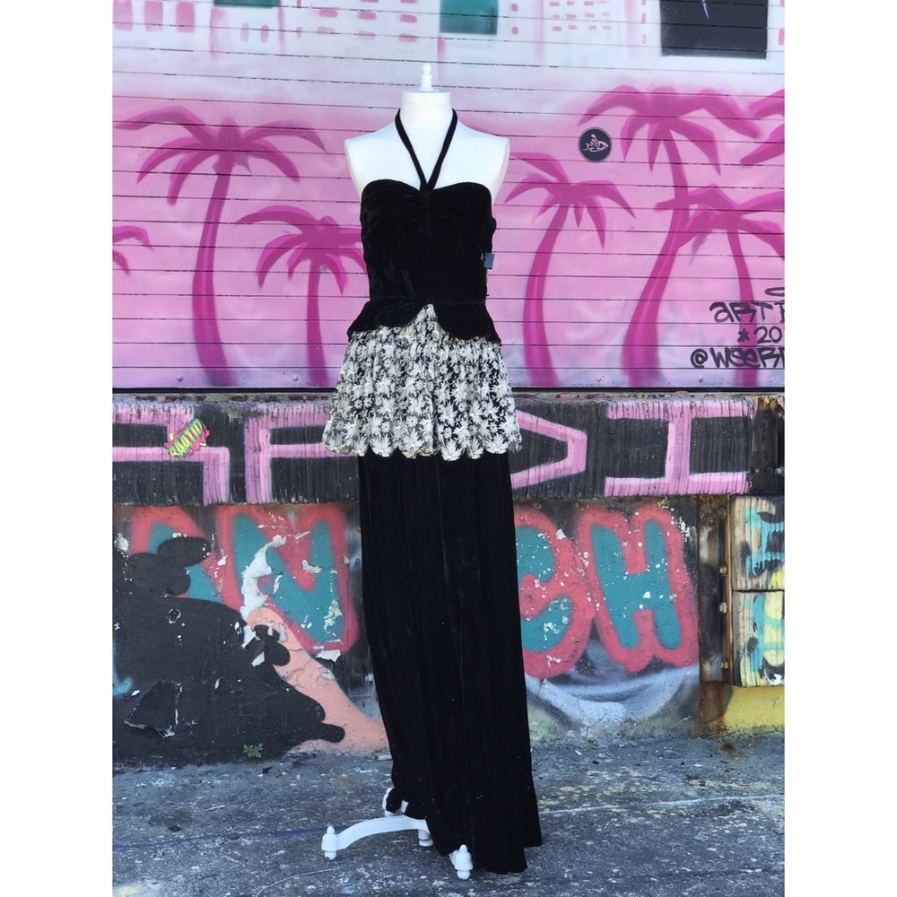 Vintage Black Velvet Halter Maxi Dress XS Goth