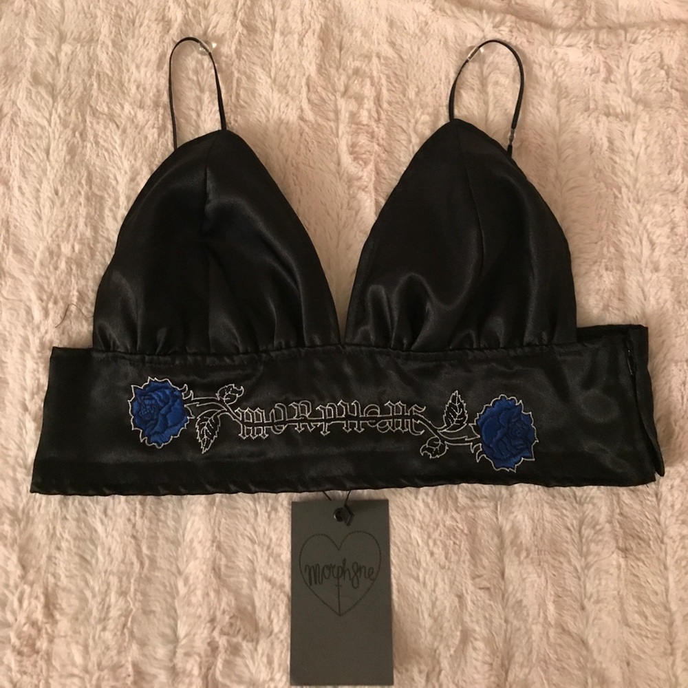 BRAND NEW Black satin crop top with blue roses