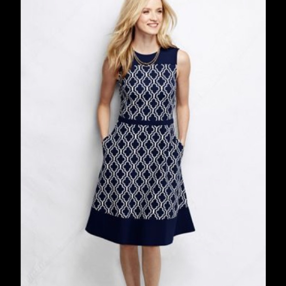 Land End Ponte knit navy & white geometric dress