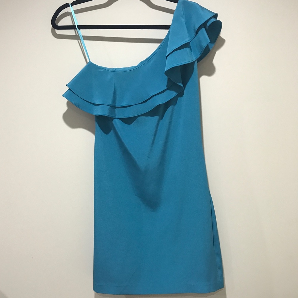 Silk One Shoulder Ruffle Dress - Picture 3 of 7