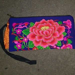 Blue thai floral embroideredtassel clutch small Blue thai floral embroideredtassel clutch small
