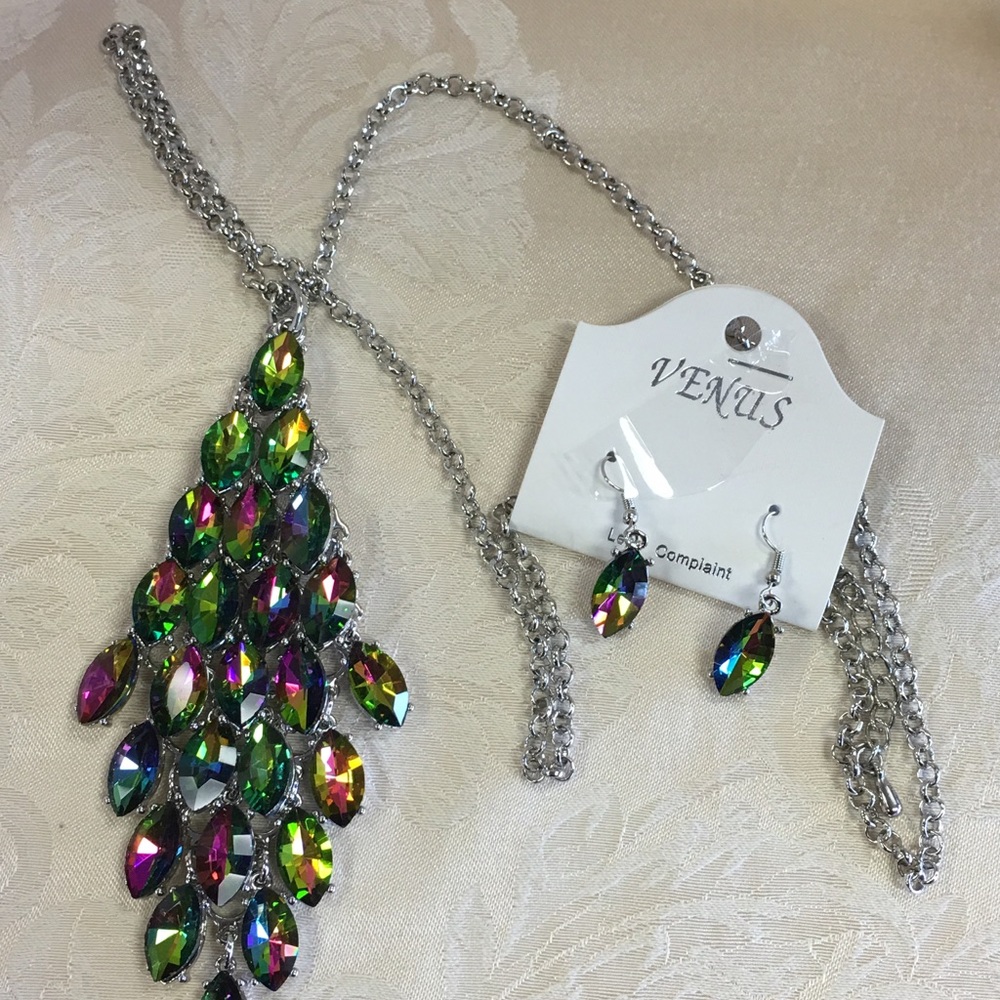 Silver Marquise Crystal Cluster Long Necklace Set