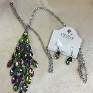 Silver Marquise Crystal Cluster Long Necklace Set