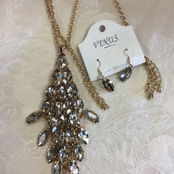 Dark Crystal Marquise Long Necklace Set - Picture 1 of 5