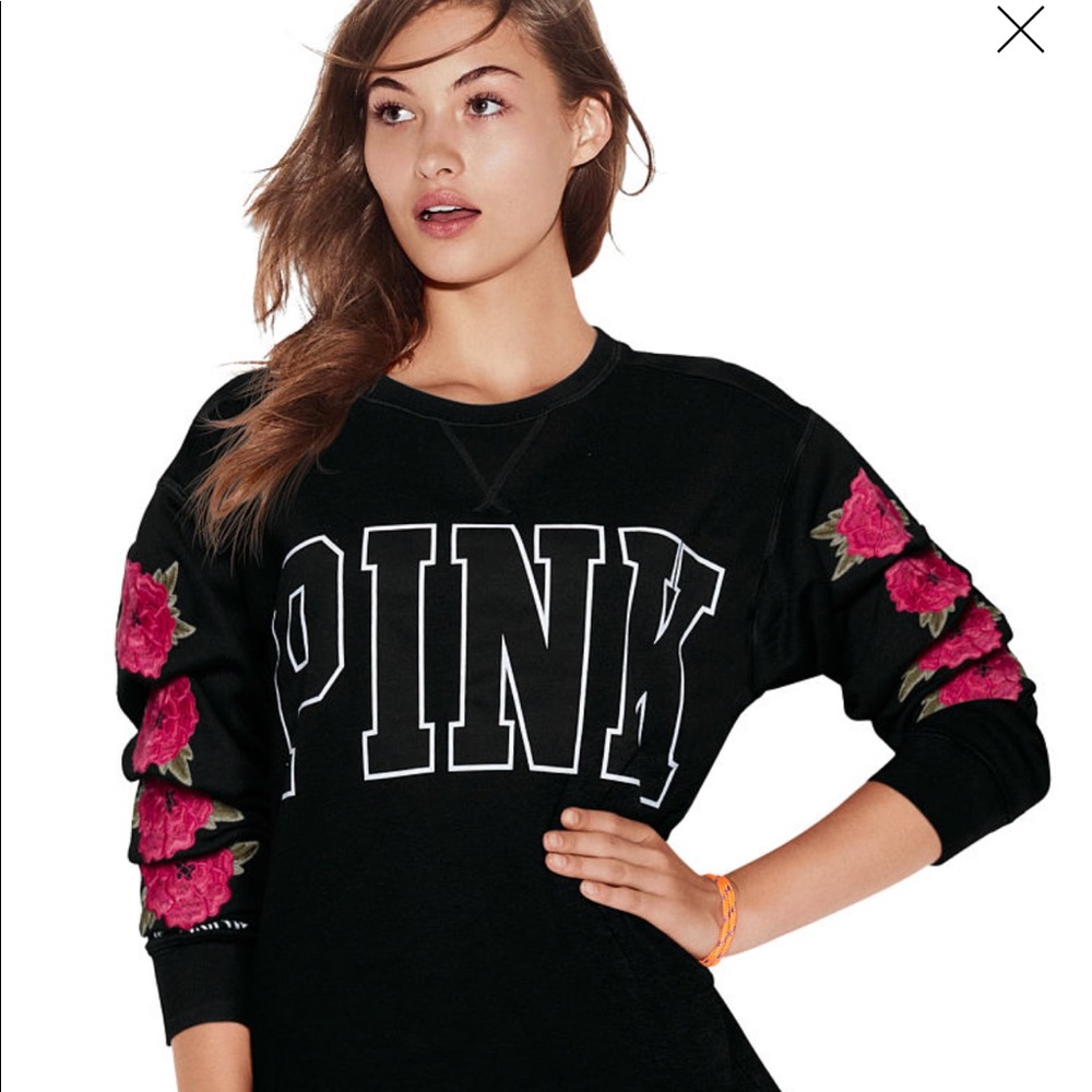ISO VS PINK rose embroidered crew beck in black!