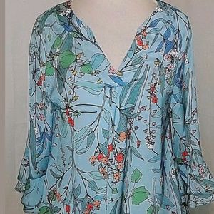 Nanette Leopore Womens M Blue Floral Ruffle blouse Nanette Leopore Womens M Blue Floral Ruffle blouse