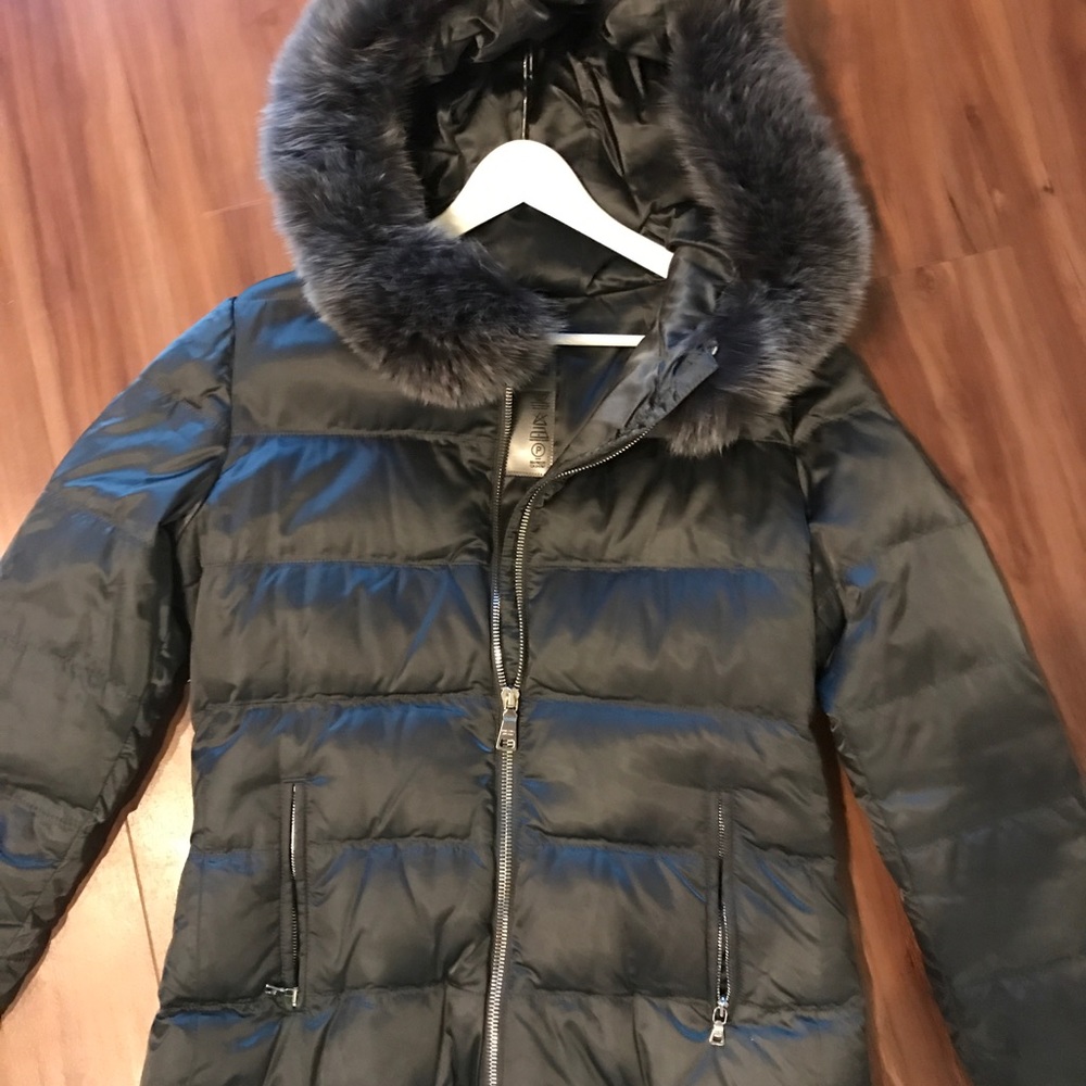 Prada gray down jacket fox fur trim
