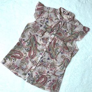 Romantic Paisley Floral Tie Neck Button Up Tank M Romantic Paisley Floral Tie Neck Button Up Tank M