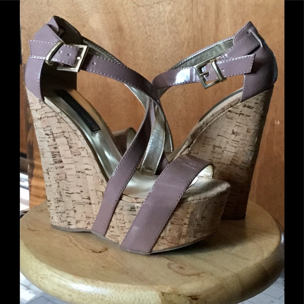 Nude patent leather platform, wedge sandals