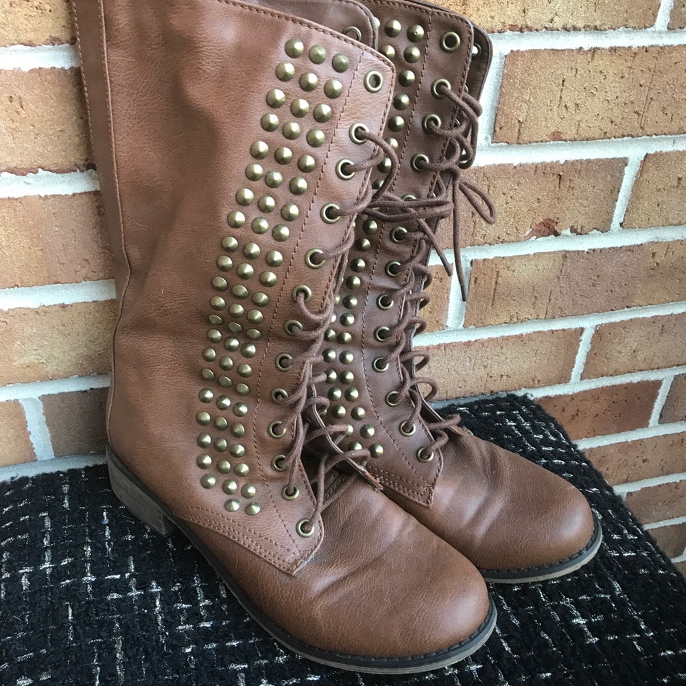 Brown studded combat boots