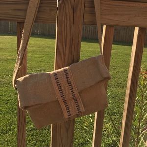 Cross body jute(burlap) bag. Blue stripe.