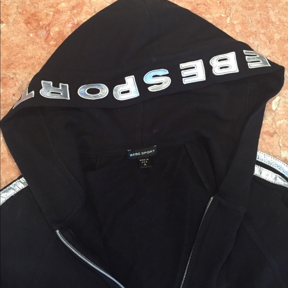 BEBE SPORT HOODED ZIP UP METALLIC SILVER SLEEVE M - Picture 2 of 5