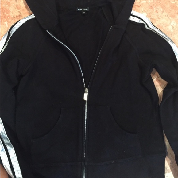 BEBE SPORT HOODED ZIP UP METALLIC SILVER SLEEVE M - Picture 3 of 5