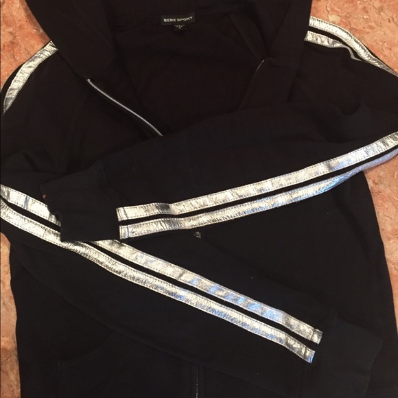 BEBE SPORT HOODED ZIP UP METALLIC SILVER SLEEVE M - Picture 4 of 5