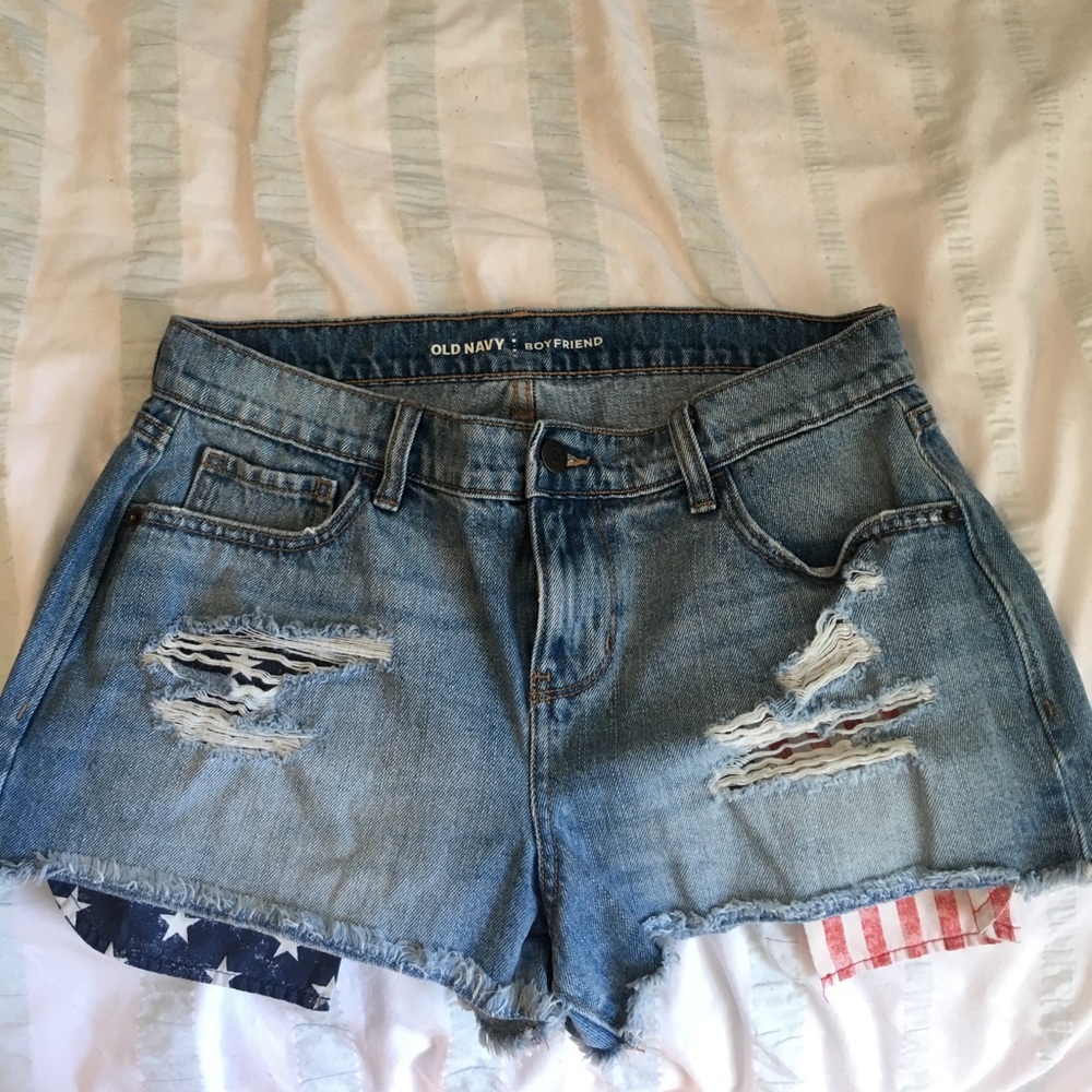 Red, white & blue distressed denim shorts