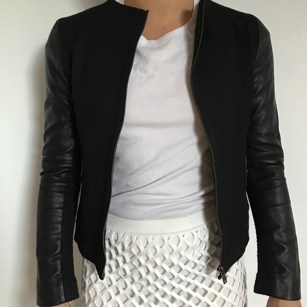 Black Banana Republic jacket with leather sleeves