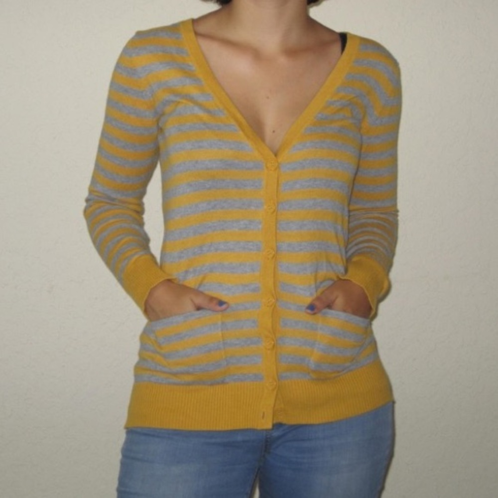 mustard and grey striped cardigan