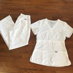 Greys Anatomy solid white scrub top and bottom.