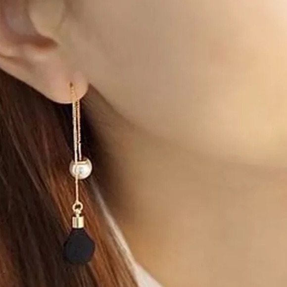 Black Floral Pearl Double Drop Earrings - Picture 1 of 1