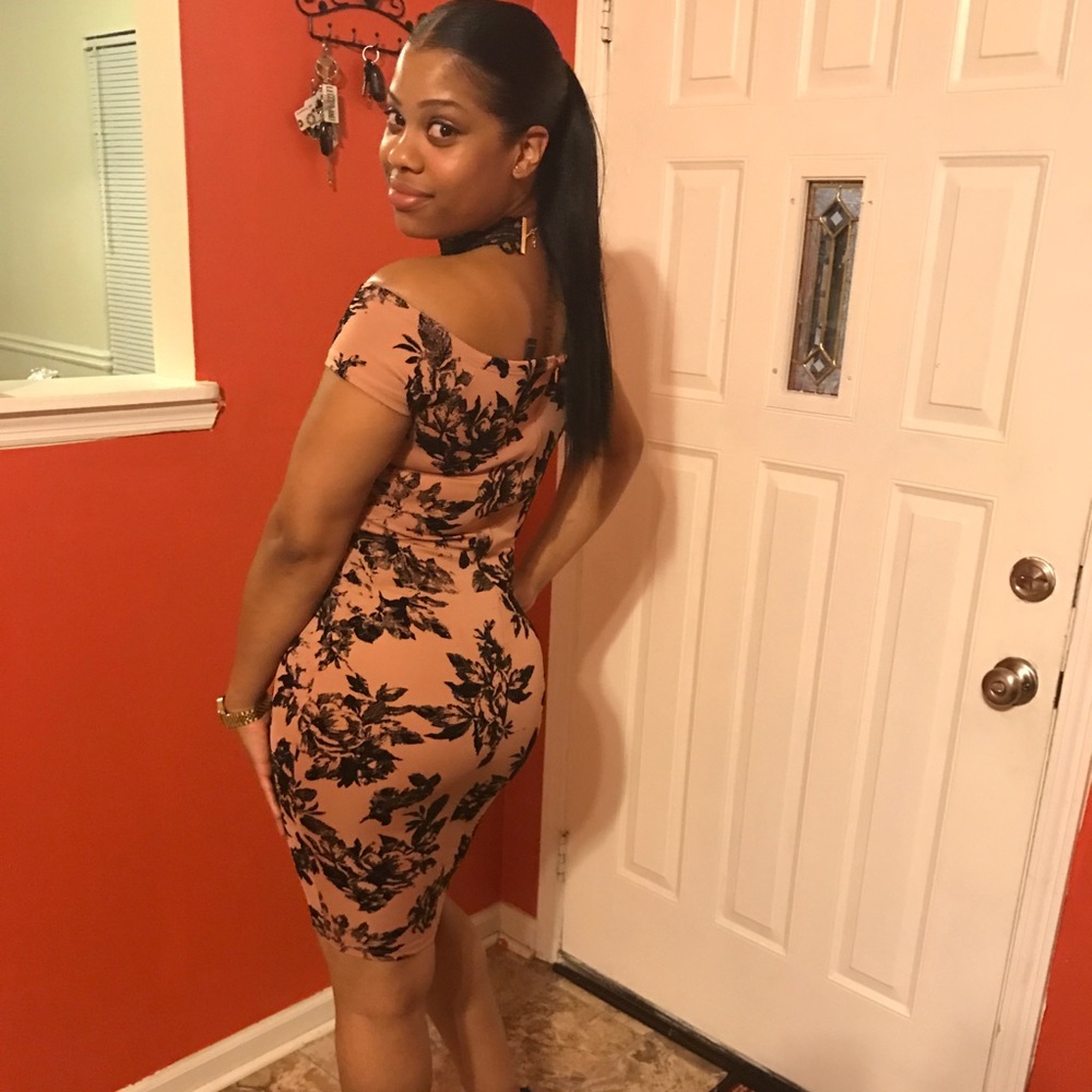 Rose Pink Dress with black flowers details