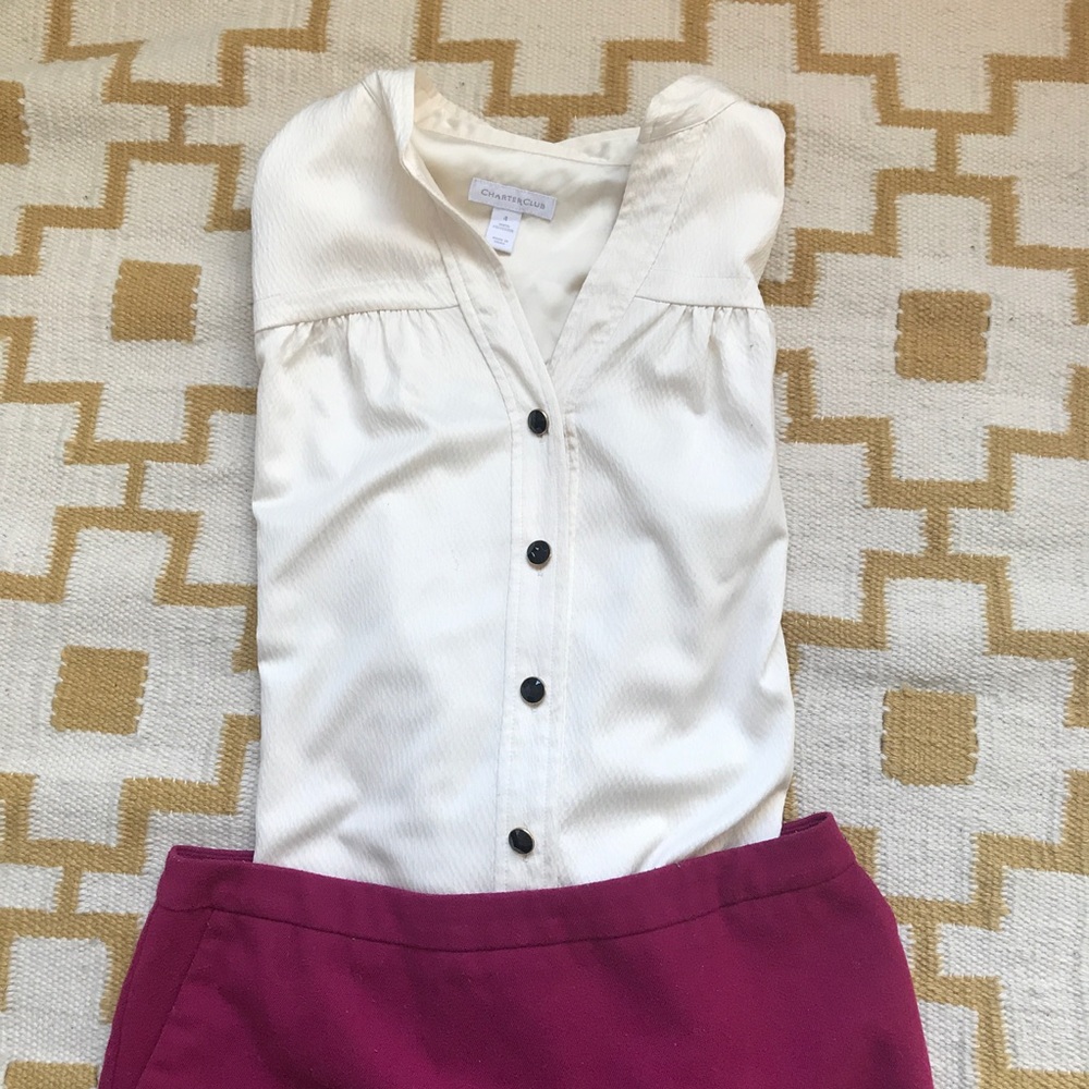 Cream button down shirt w/ black gem buttons