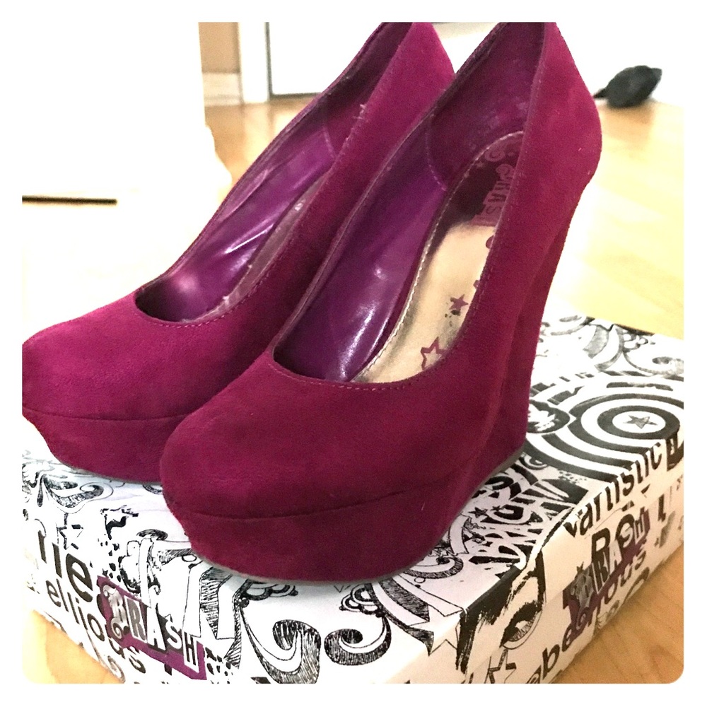 Burgundy "Trash" brand suede  platform wedges