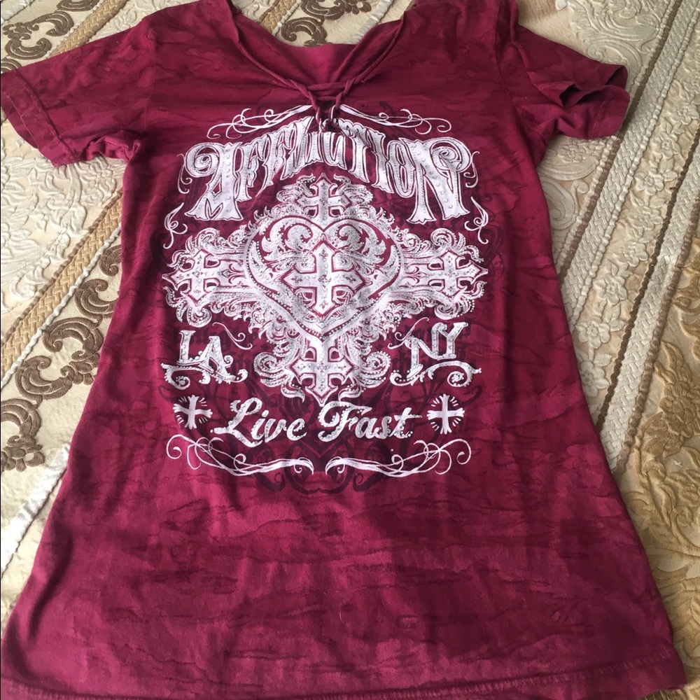 Affliction ripped up corset back embellished top