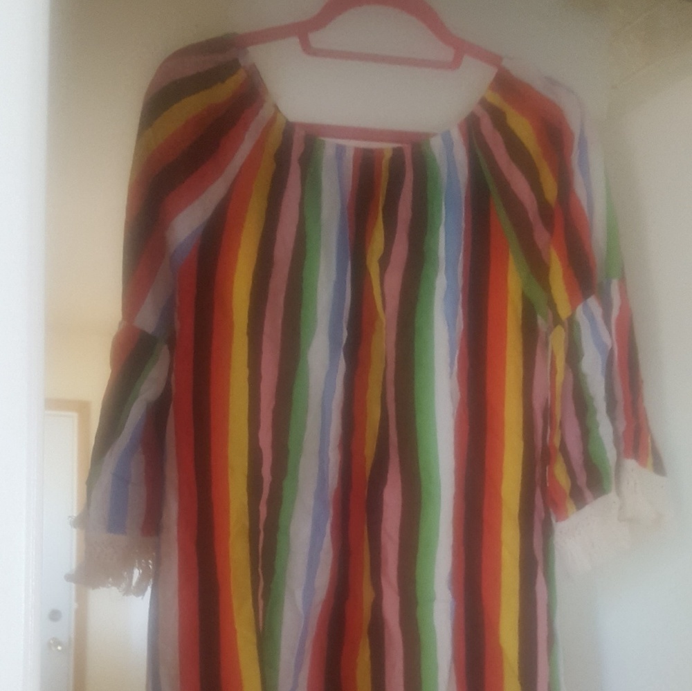 Large multicolored striped dress with bell sleeves