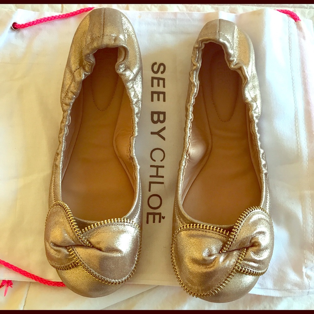 See by Chloe Gold Flats Bow Sz 7 Brand New w/Box!