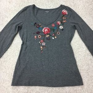 Garnet Hill 3/4 Sleeve Grey Floral Top Small
