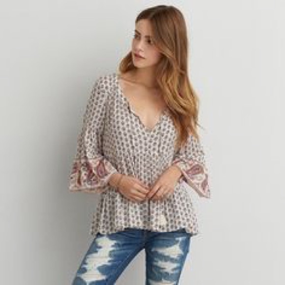 AEO Paisley Babydoll Tiered Blouse w/ Bell Sleeves - Picture 1 of 7