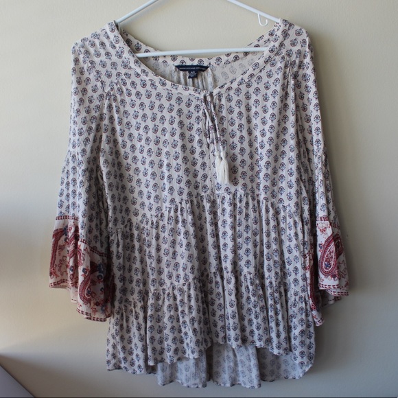 AEO Paisley Babydoll Tiered Blouse w/ Bell Sleeves - Picture 4 of 7