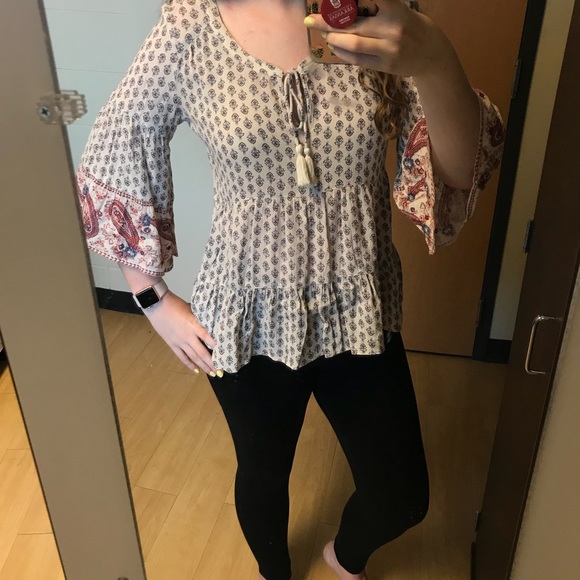 AEO Paisley Babydoll Tiered Blouse w/ Bell Sleeves - Picture 2 of 7