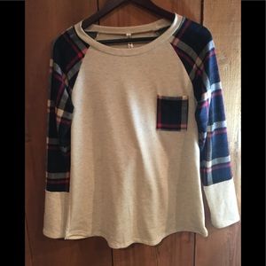 Plaid 3/4 Sleeve Pocketed Sweater